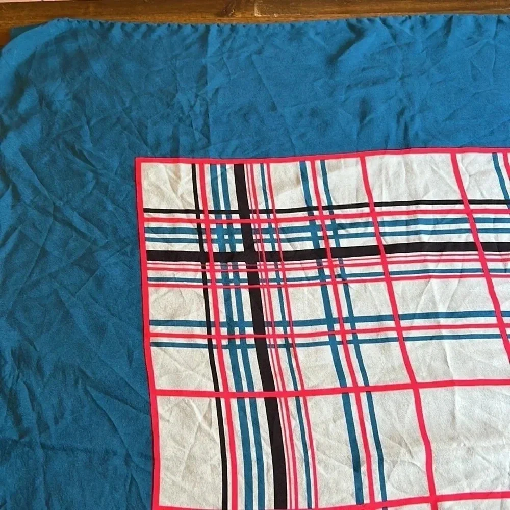 Franco Ferrari Grid Plaid Window Pane Scarf Silk Vintage Turquoise Blue Square